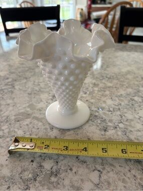 Fenton White Hobnail Ruffled Top Milk Glass Vase